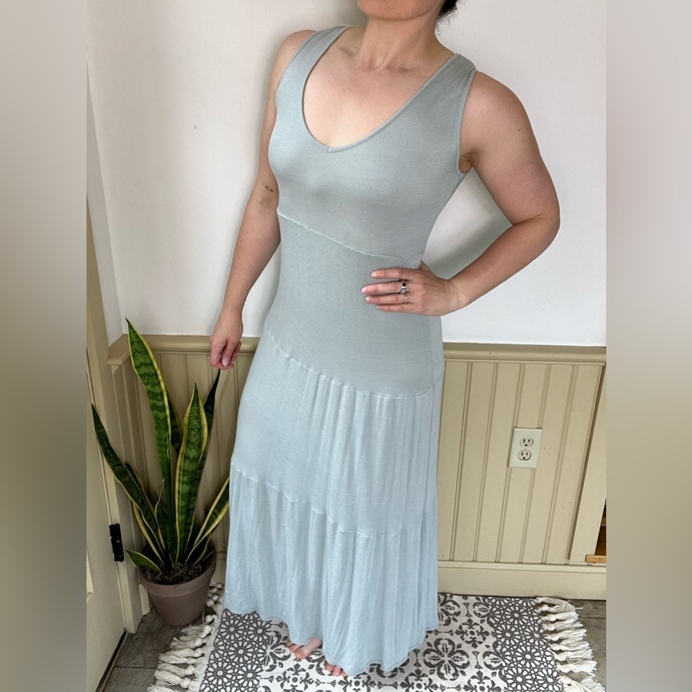 See You Monday Anthropologie Maxi Tiered Sage Green Sundress Women’s Sz S